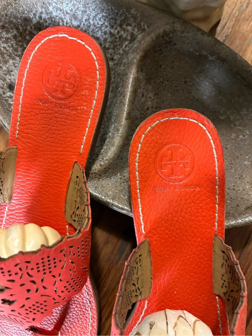 Tory Burch Orange Laser-Cut Leather Thong Sandals